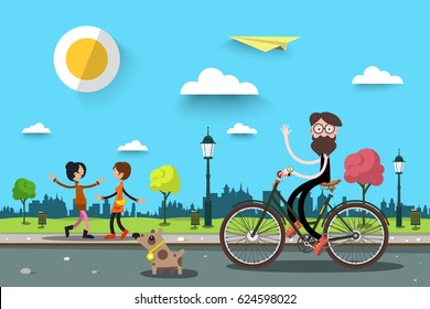 Man on Bicycle with Two Women. Vector Flat Design Nature City Landscape.