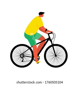 Man on a bicycle on white background. Sport Activities and Healthy Lifestyle. Male Cartoon Character. Vector Illustration.