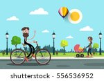 Man on Bicycle and Young Woman with Baby Carriage in City park. Vector Flat Design Cartoon. Sunny Day in Town.