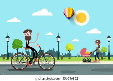 Man On Bicycle And Young Woman With Baby Carriage In City Park. Vector Flat Design Cartoon. Sunny Day In Town.