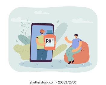 Man On Big Phone Screen Holding Bottle With Rx Label. Male Character Receiving Medical Prescription Flat Vector Illustration. Medicine, Health, Pharmacy Concept For Banner Or Landing Web Page