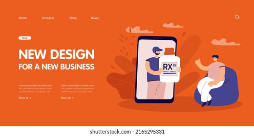 Man On Big Phone Screen Holding Bottle With Rx Label. Male Character Receiving Medical Prescription Flat Vector Illustration. Medicine, Health, Pharmacy Concept For Banner Or Landing Web Page