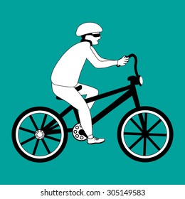 Man on the bike.  Black bicycle on a light blue background. Vector bike.