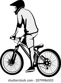 man on bike - black and white vector illustration