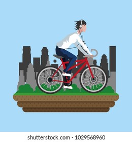 Man on bike with city