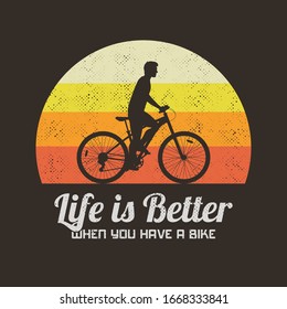 Man on bike. Cyclist on bicycle silhouette. Retro background