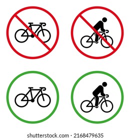 Man on Bike Forbidden Pictogram. Permit Cyclist Green Circle Symbol. No Allowed Bicycle Sign. Ban Zone Person Drive Cycle Black Silhouette Icon Set. Prohibited Bike Race. Isolated Vector Illustration.