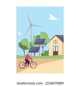 Man on bike in front of house with solar panels on roof. Windmills, eco friendly car in village flat vector illustration. Sustainable energy, smart technology concept for banner, website design