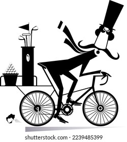 
Man on the bike goes to play golf illustration.
Cycling long mustache man in the top hat with golf clubs and balls is on the way to the golf course. Black on white
