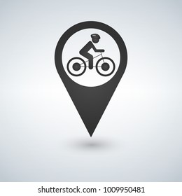 Man On Bike Map Pin Pointer, Concept Of Biking, Bycicle Sale, Rent-a-bike, Trip, Vector Illustration.