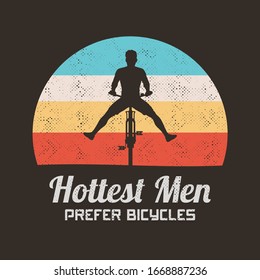 Man on bike. Silhouette of cyclist with legs apart. Retro background
