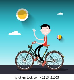 Man on Bike. Sunny Day with Boy on Bicycle Vector Illustration.