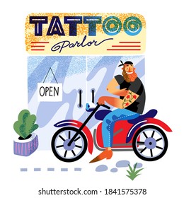 Man on bike at tattoo salon entrance. Happy guy sitting on motorbike outside open door with flower tattoo on arm. Vintage style pattern vector illustration. Retro studio design front view.