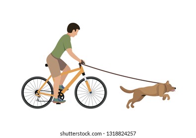 A man on a bike walking with a dog. Vector illustration in a flat style
