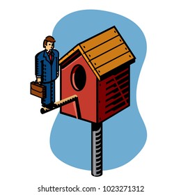 Man On Birdhouse Perch