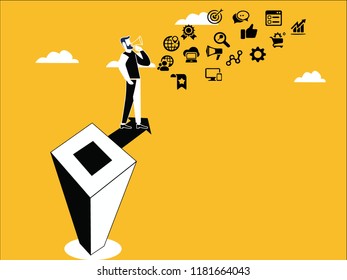 Man on block spreading the marketing activity with different social icons flowing by using hand mic speaker