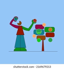 man on a blue background near a tree with different planets eats earth poster banner for print