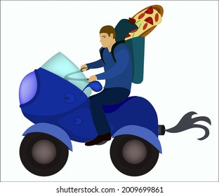 A man on a blue motorcycle transporting pizza. Vector illustration.
