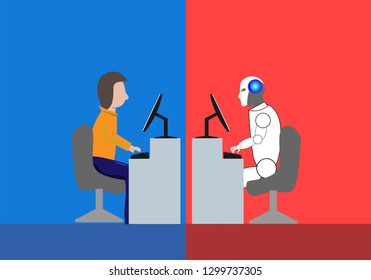 man on blue side working against robot on redside with computer