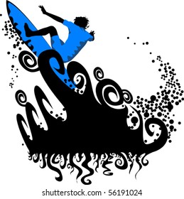 The man on the board overcomes the high tide;