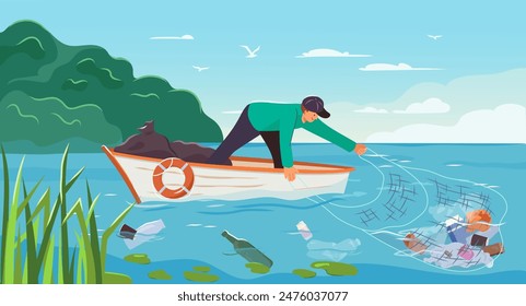 Man on boat cleaning sea and collects garbage from the water with a net. Volunteer polluted ocean water cleanup. The person is removing trash and waste from the lake. Urban eco pollution vector