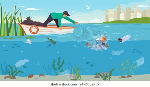 Man on boat cleaning sea and collects garbage from the water with a net. Volunteer polluted ocean water cleanup. The person is removing trash and waste from the lake. Urban eco pollution vector