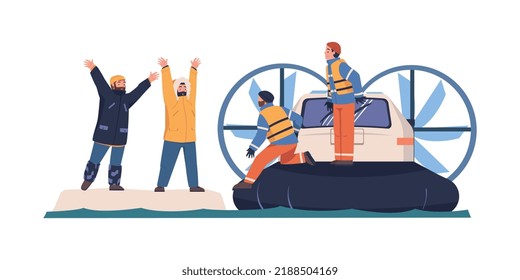 Man on Boat Engaged in Rescue and Life Saving Emergency Operation Finding Lost Tourist on Ice Plate Vector Illustration