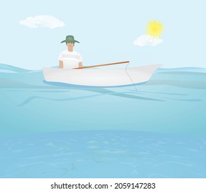Man on boat fishing. vector