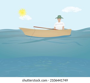 Man on boat fishing. vector