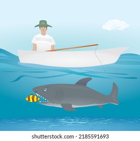 Man on boat fishing. vector