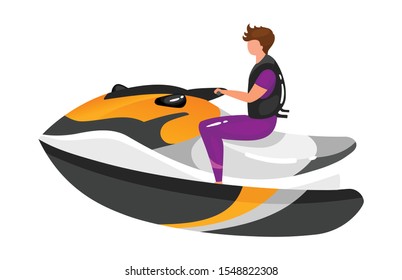 Man on boat flat vector illustration. Extreme sports experience. Active lifestyle. Summer vacation outdoor fun activities. Sportsman on speedboat isolated cartoon character on white background