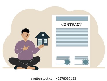 A man on the boat holds a house nearby a big contract. Real estate transaction concept, purchase, sale, rent or rental house. Vector Flate Illustration