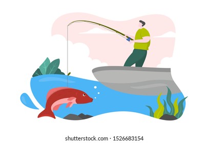 Man on Boat Rod Fishing in Sea Lake Flat Design Illustration