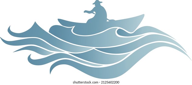 Man on a boat sailing on the sea. Vector image with nautical theme.