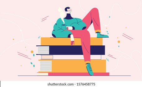 Man on books with mug of coffee