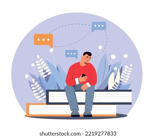 Hombre en los libros. Joven sentado en un montón de libros de texto con un smartphone en sus manos. El estudiante hace los deberes, se prepara para el examen. Educación, aprendizaje y formación. Dibujo vectorial plano de dibujos animados