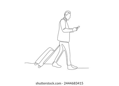 a man on a business trip is checking his cellphone.Business travel one-line drawing