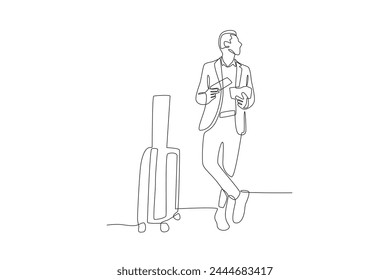 man on a business trip checking passports and tickets.Business travel one-line drawing