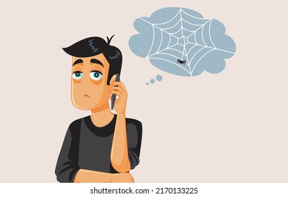 
Man on Call Waiting Message Feeling Bored Vector Cartoon. Person calling a customer service line being put on hold
