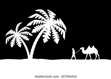 Man on the camel in palm trees.