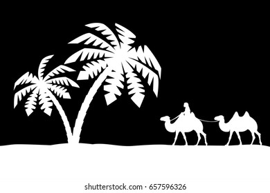 Man on the camel in palm trees.