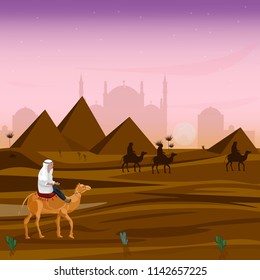 Man on a camel at sunset in Egypt desert Vector. Travel card cartoon illustrations