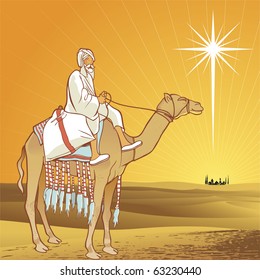 Man on the camel under the shining star of Bethlehem