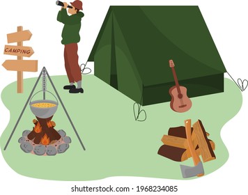 A man on a camping trip. Rest with a tent by the campfire. Outdoor recreation. The character looks through binoculars. Vector isolated illustration on a white background.