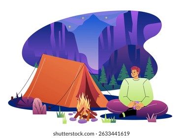 Homem no acampamento. Jovem perto da barraca laranja e da fogueira. Caminhadas e acampamentos. Estilo de vida ativo e viagem, viagens. Caminhante relaxa na natureza. Ilustração de vetor plano