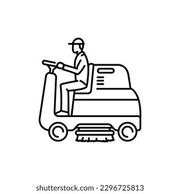 Hombre en el icono de la línea negra del barrendero del coche. Empresa de limpieza. Pictograma para página web, aplicación móvil, promoción.