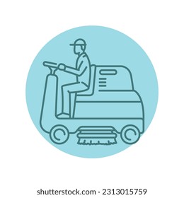 Man on car sweeper black line icon. Cleaning company. Pictogram for web page, mobile app, promo.