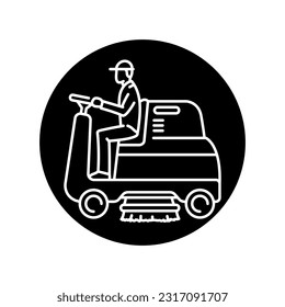 Man on car sweeper black line icon. Cleaning company. Pictogram for web page, mobile app, promo.