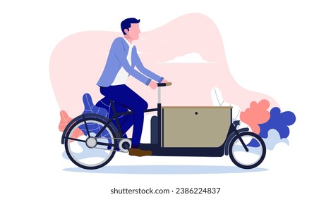 Man on cargo bike - Male person riding e-cargo bike outdoors. Flat design vector illustration with white background