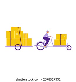 Man on a cargo long john bike with cart transports big heavy shipment. Bicycle delivery man carrying voluminous package. Ecological city transport. Flat vector illustration